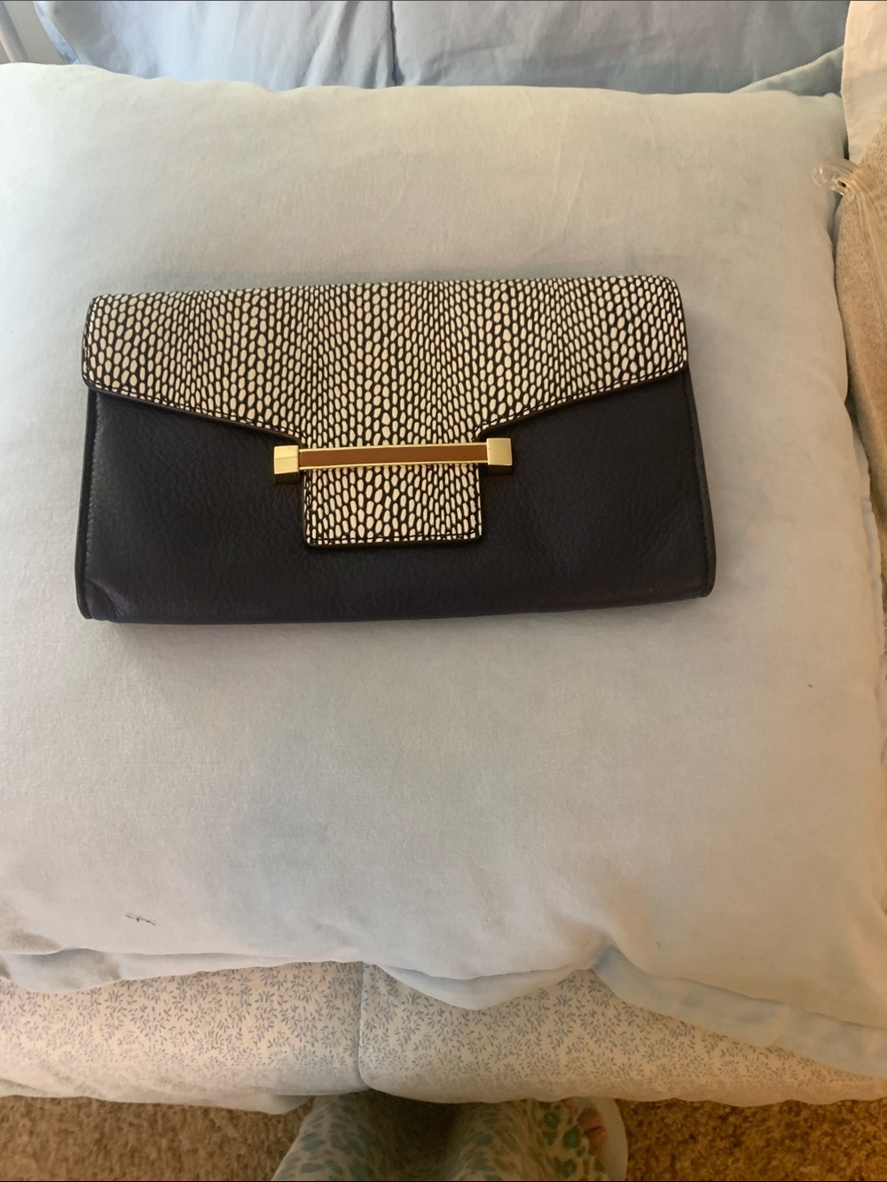 Vince Camuto Navy and Cream Textured Flap Clutch with Gold Bar